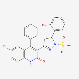 molecular formula C25H19ClFN3O3S B11559794 6-chloro-3-[5-(2-fluorophenyl)-1-(methylsulfonyl)-4,5-dihydro-1H-pyrazol-3-yl]-4-phenylquinolin-2-ol 