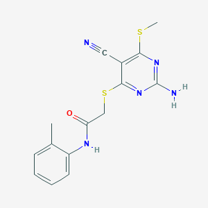 molecular formula C15H15N5OS2 B11559818 2-{[2-amino-5-cyano-6-(methylsulfanyl)pyrimidin-4-yl]sulfanyl}-N-(2-methylphenyl)acetamide 