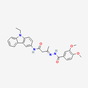 molecular formula C27H28N4O4 B11559887 (3E)-3-{[(3,4-Dimethoxyphenyl)formamido]imino}-N-(9-ethyl-9H-carbazol-3-YL)butanamide 