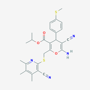 molecular formula C27H28N4O3S2 B11560138 propan-2-yl 6-amino-5-cyano-2-{[(3-cyano-4,5,6-trimethylpyridin-2-yl)sulfanyl]methyl}-4-[4-(methylsulfanyl)phenyl]-4H-pyran-3-carboxylate 