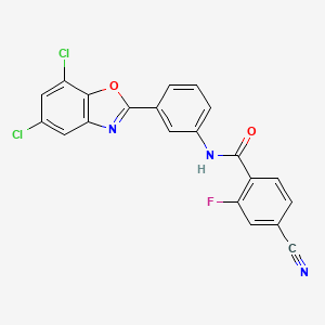 molecular formula C21H10Cl2FN3O2 B11560213 4-cyano-N-[3-(5,7-dichloro-1,3-benzoxazol-2-yl)phenyl]-2-fluorobenzamide 