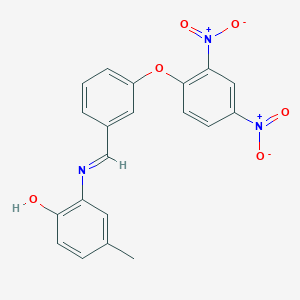 molecular formula C20H15N3O6 B11560256 2-({(E)-[3-(2,4-dinitrophenoxy)phenyl]methylidene}amino)-4-methylphenol 