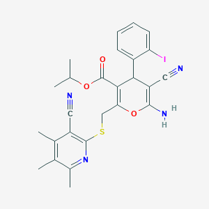 molecular formula C26H25IN4O3S B11560312 propan-2-yl 6-amino-5-cyano-2-{[(3-cyano-4,5,6-trimethylpyridin-2-yl)sulfanyl]methyl}-4-(2-iodophenyl)-4H-pyran-3-carboxylate 