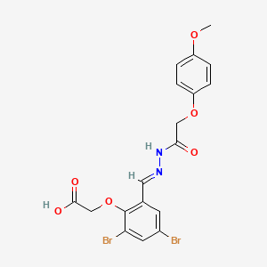 molecular formula C18H16Br2N2O6 B11560433 {2,4-dibromo-6-[(E)-{2-[(4-methoxyphenoxy)acetyl]hydrazinylidene}methyl]phenoxy}acetic acid 