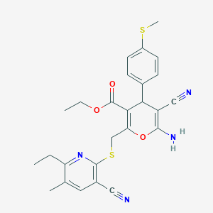 molecular formula C26H26N4O3S2 B11560517 ethyl 6-amino-5-cyano-2-{[(3-cyano-6-ethyl-5-methylpyridin-2-yl)sulfanyl]methyl}-4-[4-(methylsulfanyl)phenyl]-4H-pyran-3-carboxylate 