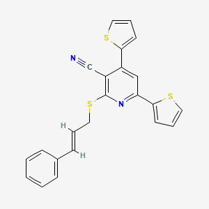 molecular formula C23H16N2S3 B11560751 2-((2E)-3-phenylprop-2-enylthio)-4,6-di(2-thienyl)pyridine-3-carbonitrile 