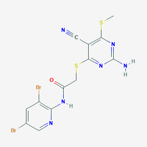 molecular formula C13H10Br2N6OS2 B11560791 2-{[2-amino-5-cyano-6-(methylsulfanyl)pyrimidin-4-yl]sulfanyl}-N-(3,5-dibromopyridin-2-yl)acetamide 