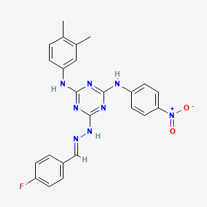 molecular formula C24H21FN8O2 B11560843 N-(3,4-dimethylphenyl)-6-[(2E)-2-(4-fluorobenzylidene)hydrazinyl]-N'-(4-nitrophenyl)-1,3,5-triazine-2,4-diamine 