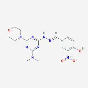 molecular formula C16H20N8O4 B11560902 4-[(E)-{2-[4-(dimethylamino)-6-(morpholin-4-yl)-1,3,5-triazin-2-yl]hydrazinylidene}methyl]-2-nitrophenol 