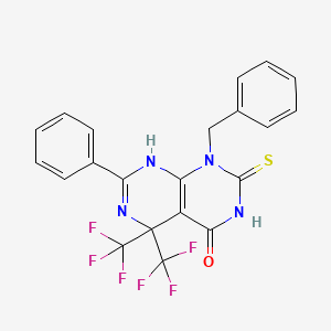 molecular formula C21H14F6N4OS B11561100 1-benzyl-7-phenyl-2-thioxo-5,5-bis(trifluoromethyl)-2,3,5,8-tetrahydropyrimido[4,5-d]pyrimidin-4(1H)-one 