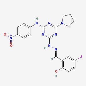 molecular formula C20H19IN8O3 B11561113 4-iodo-2-[(E)-(2-{4-[(4-nitrophenyl)amino]-6-(pyrrolidin-1-yl)-1,3,5-triazin-2-yl}hydrazinylidene)methyl]phenol 