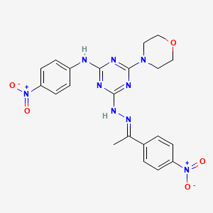 molecular formula C21H21N9O5 B11561343 4-(morpholin-4-yl)-N-(4-nitrophenyl)-6-{(2E)-2-[1-(4-nitrophenyl)ethylidene]hydrazinyl}-1,3,5-triazin-2-amine 