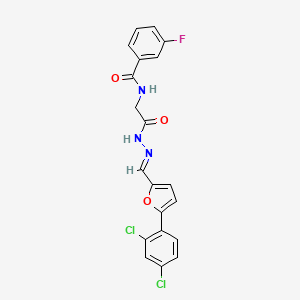 molecular formula C20H14Cl2FN3O3 B11561381 N-({N'-[(E)-[5-(2,4-Dichlorophenyl)furan-2-YL]methylidene]hydrazinecarbonyl}methyl)-3-fluorobenzamide 