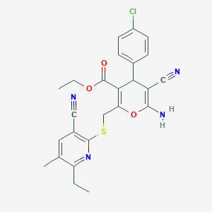 molecular formula C25H23ClN4O3S B11561439 ethyl 6-amino-4-(4-chlorophenyl)-5-cyano-2-{[(3-cyano-6-ethyl-5-methylpyridin-2-yl)sulfanyl]methyl}-4H-pyran-3-carboxylate 