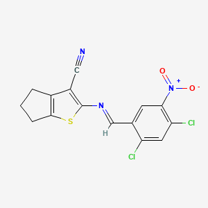 molecular formula C15H9Cl2N3O2S B11561801 2-{[(E)-(2,4-dichloro-5-nitrophenyl)methylidene]amino}-5,6-dihydro-4H-cyclopenta[b]thiophene-3-carbonitrile 