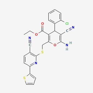 molecular formula C26H19ClN4O3S2 B11562484 ethyl 6-amino-4-(2-chlorophenyl)-5-cyano-2-({[3-cyano-6-(thiophen-2-yl)pyridin-2-yl]sulfanyl}methyl)-4H-pyran-3-carboxylate 