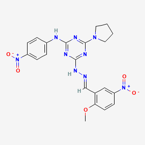 molecular formula C21H21N9O5 B11562507 4-[(2E)-2-(2-methoxy-5-nitrobenzylidene)hydrazinyl]-N-(4-nitrophenyl)-6-(pyrrolidin-1-yl)-1,3,5-triazin-2-amine 