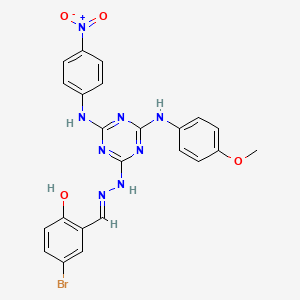 molecular formula C23H19BrN8O4 B11562707 4-bromo-2-[(E)-(2-{4-[(4-methoxyphenyl)amino]-6-[(4-nitrophenyl)amino]-1,3,5-triazin-2-yl}hydrazinylidene)methyl]phenol 