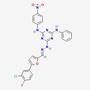 molecular formula C26H18ClFN8O3 B11562728 6-[(2E)-2-{[5-(3-chloro-4-fluorophenyl)furan-2-yl]methylidene}hydrazinyl]-N-(4-nitrophenyl)-N'-phenyl-1,3,5-triazine-2,4-diamine 