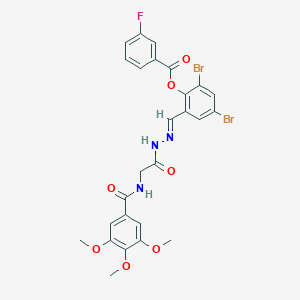 molecular formula C26H22Br2FN3O7 B11562770 2,4-Dibromo-6-[(E)-({2-[(3,4,5-trimethoxyphenyl)formamido]acetamido}imino)methyl]phenyl 3-fluorobenzoate 