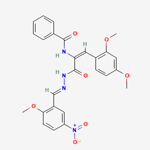 molecular formula C26H24N4O7 B11562771 N-{(1E)-1-(2,4-dimethoxyphenyl)-3-[(2E)-2-(2-methoxy-5-nitrobenzylidene)hydrazinyl]-3-oxoprop-1-en-2-yl}benzamide 