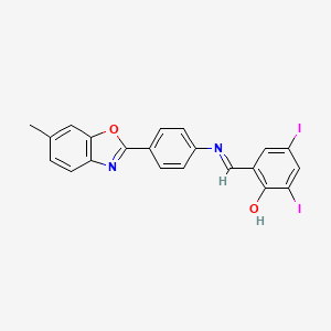 molecular formula C21H14I2N2O2 B11562930 2,4-diiodo-6-[(E)-{[4-(6-methyl-1,3-benzoxazol-2-yl)phenyl]imino}methyl]phenol 