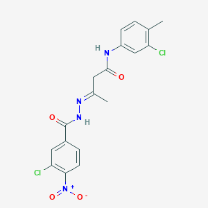 molecular formula C18H16Cl2N4O4 B11563036 (3E)-N-(3-chloro-4-methylphenyl)-3-{2-[(3-chloro-4-nitrophenyl)carbonyl]hydrazinylidene}butanamide 