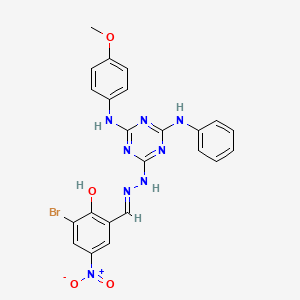 molecular formula C23H19BrN8O4 B11563070 2-bromo-6-[(E)-(2-{4-[(4-methoxyphenyl)amino]-6-(phenylamino)-1,3,5-triazin-2-yl}hydrazinylidene)methyl]-4-nitrophenol 