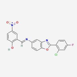 molecular formula C20H11ClFN3O4 B11563344 2-[(E)-{[2-(2-chloro-4-fluorophenyl)-1,3-benzoxazol-5-yl]imino}methyl]-4-nitrophenol 