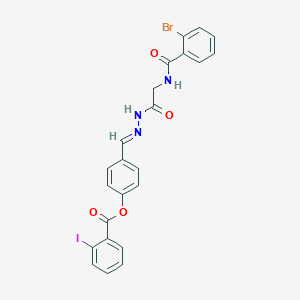 molecular formula C23H17BrIN3O4 B11563411 4-[(E)-({2-[(2-Bromophenyl)formamido]acetamido}imino)methyl]phenyl 2-iodobenzoate 