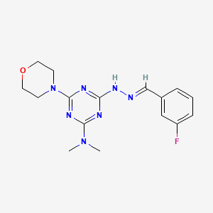 molecular formula C16H20FN7O B11563521 4-[(2E)-2-(3-fluorobenzylidene)hydrazinyl]-N,N-dimethyl-6-(morpholin-4-yl)-1,3,5-triazin-2-amine 