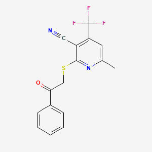 molecular formula C16H11F3N2OS B11563660 6-Methyl-2-[(2-oxo-2-phenylethyl)sulfanyl]-4-(trifluoromethyl)pyridine-3-carbonitrile 