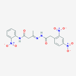 molecular formula C18H16N6O8 B11563770 (3E)-3-{2-[(2,4-dinitrophenyl)acetyl]hydrazinylidene}-N-(2-nitrophenyl)butanamide 