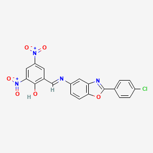 molecular formula C20H11ClN4O6 B11564009 2-[(E)-{[2-(4-chlorophenyl)-1,3-benzoxazol-5-yl]imino}methyl]-4,6-dinitrophenol 