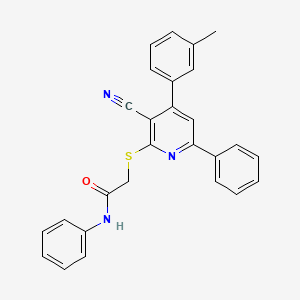 molecular formula C27H21N3OS B11564104 2-{[3-cyano-4-(3-methylphenyl)-6-phenylpyridin-2-yl]sulfanyl}-N-phenylacetamide 