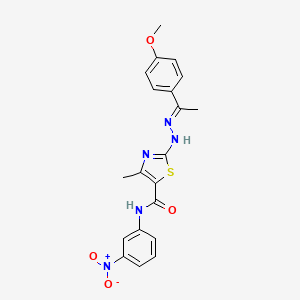 molecular formula C20H19N5O4S B11564191 2-{(2E)-2-[1-(4-methoxyphenyl)ethylidene]hydrazinyl}-4-methyl-N-(3-nitrophenyl)-1,3-thiazole-5-carboxamide 