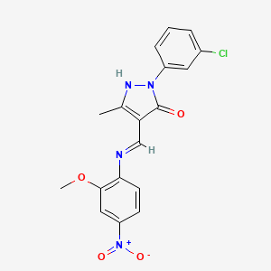 molecular formula C18H15ClN4O4 B11564315 (4E)-2-(3-chlorophenyl)-4-{[(2-methoxy-4-nitrophenyl)amino]methylidene}-5-methyl-2,4-dihydro-3H-pyrazol-3-one 