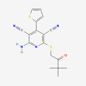 molecular formula C17H16N4OS2 B11564355 2-Amino-6-[(3,3-dimethyl-2-oxobutyl)sulfanyl]-4-(thiophen-2-yl)pyridine-3,5-dicarbonitrile 