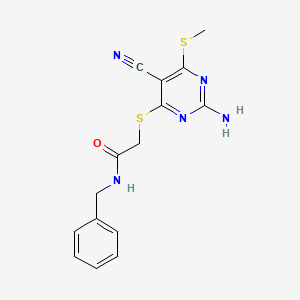 molecular formula C15H15N5OS2 B11564557 2-{[2-amino-5-cyano-6-(methylsulfanyl)pyrimidin-4-yl]sulfanyl}-N-benzylacetamide 