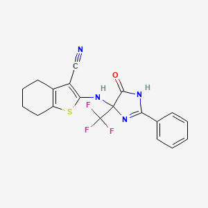 molecular formula C19H15F3N4OS B11564596 2-{[4-oxo-2-phenyl-5-(trifluoromethyl)-4,5-dihydro-1H-imidazol-5-yl]amino}-4,5,6,7-tetrahydro-1-benzothiophene-3-carbonitrile 