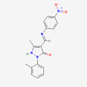 molecular formula C18H16N4O3 B11564752 (4E)-5-methyl-2-(2-methylphenyl)-4-{[(4-nitrophenyl)amino]methylidene}-2,4-dihydro-3H-pyrazol-3-one 