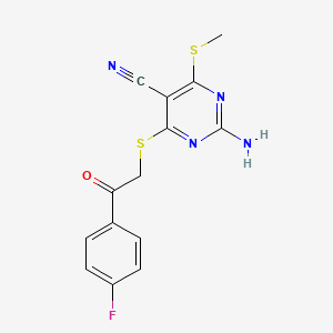 molecular formula C14H11FN4OS2 B11564767 2-Amino-4-{[2-(4-fluorophenyl)-2-oxoethyl]sulfanyl}-6-(methylsulfanyl)pyrimidine-5-carbonitrile 