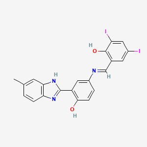 molecular formula C21H15I2N3O2 B11564791 2-[(E)-{[4-hydroxy-3-(5-methyl-1H-benzimidazol-2-yl)phenyl]imino}methyl]-4,6-diiodophenol 