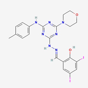 molecular formula C21H21I2N7O2 B11564883 2,4-diiodo-6-[(E)-(2-{4-[(4-methylphenyl)amino]-6-(morpholin-4-yl)-1,3,5-triazin-2-yl}hydrazinylidene)methyl]phenol 