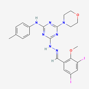 molecular formula C22H23I2N7O2 B11564949 4-[(2E)-2-(3,5-diiodo-2-methoxybenzylidene)hydrazinyl]-N-(4-methylphenyl)-6-(morpholin-4-yl)-1,3,5-triazin-2-amine 