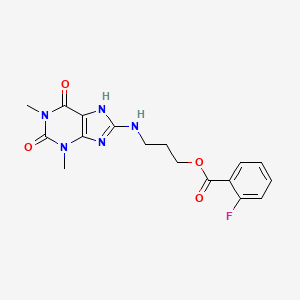 molecular formula C17H18FN5O4 B11565056 3-[(1,3-dimethyl-2,6-dioxo-2,3,6,7-tetrahydro-1H-purin-8-yl)amino]propyl 2-fluorobenzoate 