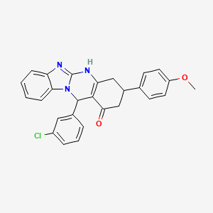 molecular formula C27H22ClN3O2 B11565111 12-(3-chlorophenyl)-3-(4-methoxyphenyl)-3,4,5,12-tetrahydrobenzimidazo[2,1-b]quinazolin-1(2H)-one 