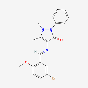 molecular formula C19H18BrN3O2 B11565245 4-{[(E)-(5-bromo-2-methoxyphenyl)methylidene]amino}-1,5-dimethyl-2-phenyl-1,2-dihydro-3H-pyrazol-3-one 