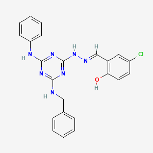 molecular formula C23H20ClN7O B11565265 2-[(E)-{2-[4-(benzylamino)-6-(phenylamino)-1,3,5-triazin-2-yl]hydrazinylidene}methyl]-4-chlorophenol 