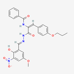 molecular formula C27H26N4O7 B11565328 N-[(1E)-3-[(2E)-2-(2-hydroxy-5-methoxy-3-nitrobenzylidene)hydrazinyl]-3-oxo-1-(4-propoxyphenyl)prop-1-en-2-yl]benzamide 